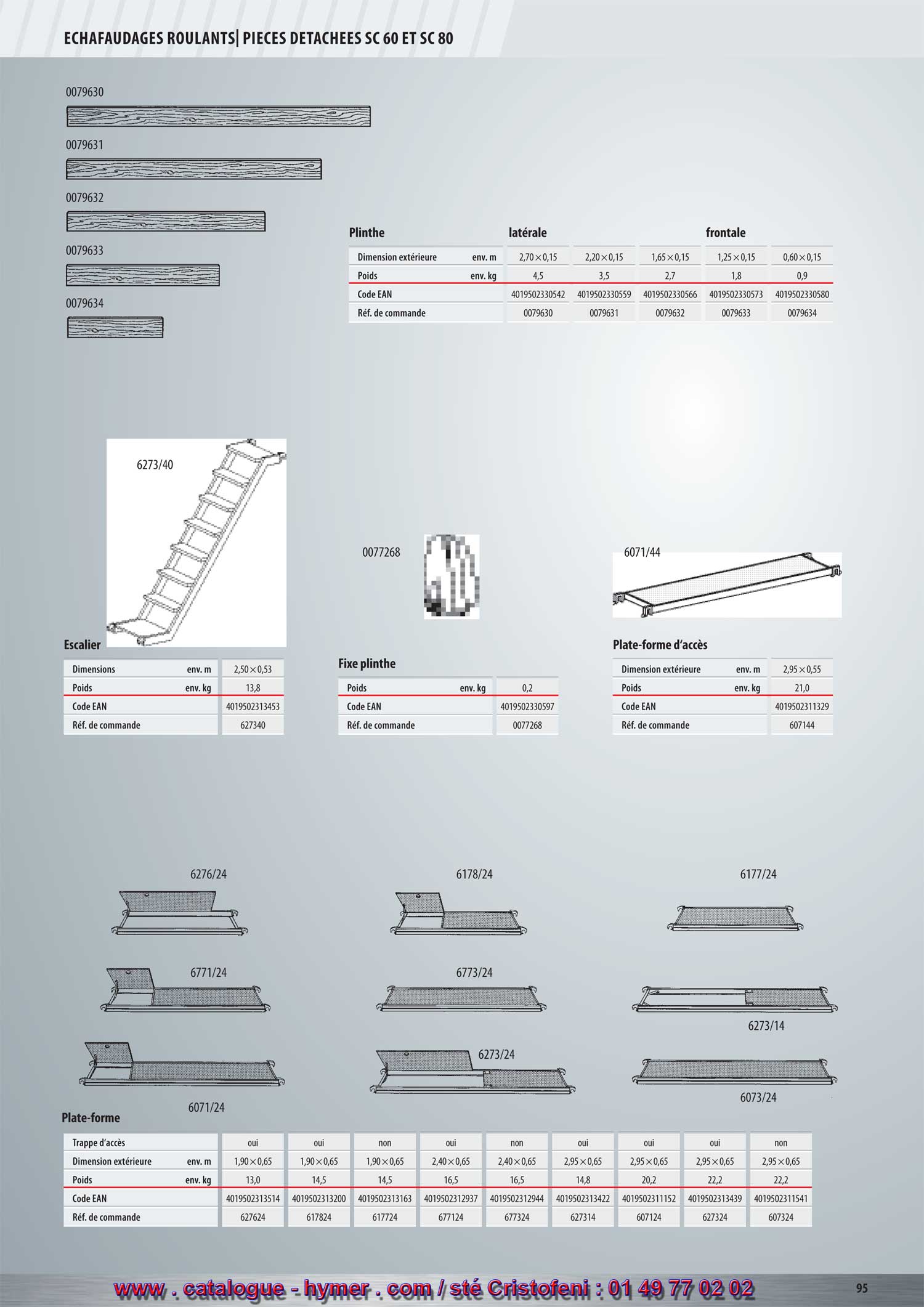 ECHAFAUDAGES ROULANTS 
PIECES DETACHEES SC 60 / SC 80 


6273/29 6173/426171/42 
6371/426773/42 
6373/42 
Tube du garde-corps G Diagonale horizontale en aluminium G 

Longueur env. m 2,80 Longueur env. m 1,95 2,30 2,75 2,95 3,20 

Poids env. kg 4,0 Poids env. kg 3,3 2,5 3,5 3,2 3,5 

Code EAN 4019502313446 Code EAN 4019502312968 4019502313125 4019502313576 4019502319905 4019502319974 

Réf. de commande 627329 Réf. de commande 617142 617342 677342 637142 637342 

6771/276178/27 
6071/286178/286071/27 
6378/27 

Diagonale/Entretoise en aluminium G 


Tube de support Traverse roulante 

GG 

6071/43Traverse latérales G 

en aluminium en tube d‘acier rectangulaire galvanisé à chaud 

Longueur env. m 2,95 Longueur env. m 2,05 Longueur env. m 2,05 
Poids env. kg 13,7 Poids env. kg 4,5 Poids env. kg 18,5 
Code EAN 4019502311312 Code EAN 4019502311305 Code EAN 4019502311244 
Réf. de commande 607143 Réf. de commande 607141 Réf. de commande 607134 

Goupille à ressort Fixation de serrage sur traverse Rallonge de traverse


en plastique haut de gamme avec broche en acier en acier galvanisé en tube d‘acier rectangulaire galvanisé à chaud 

Longueur env. m 
Poids env. kg 
Code EAN 
Réf. de commande 
0,66 
7,2 
4019502311411 
607234 
Poids env. kg 0,1 
Code EAN 4019502317147 
Réf. de commande 007760 